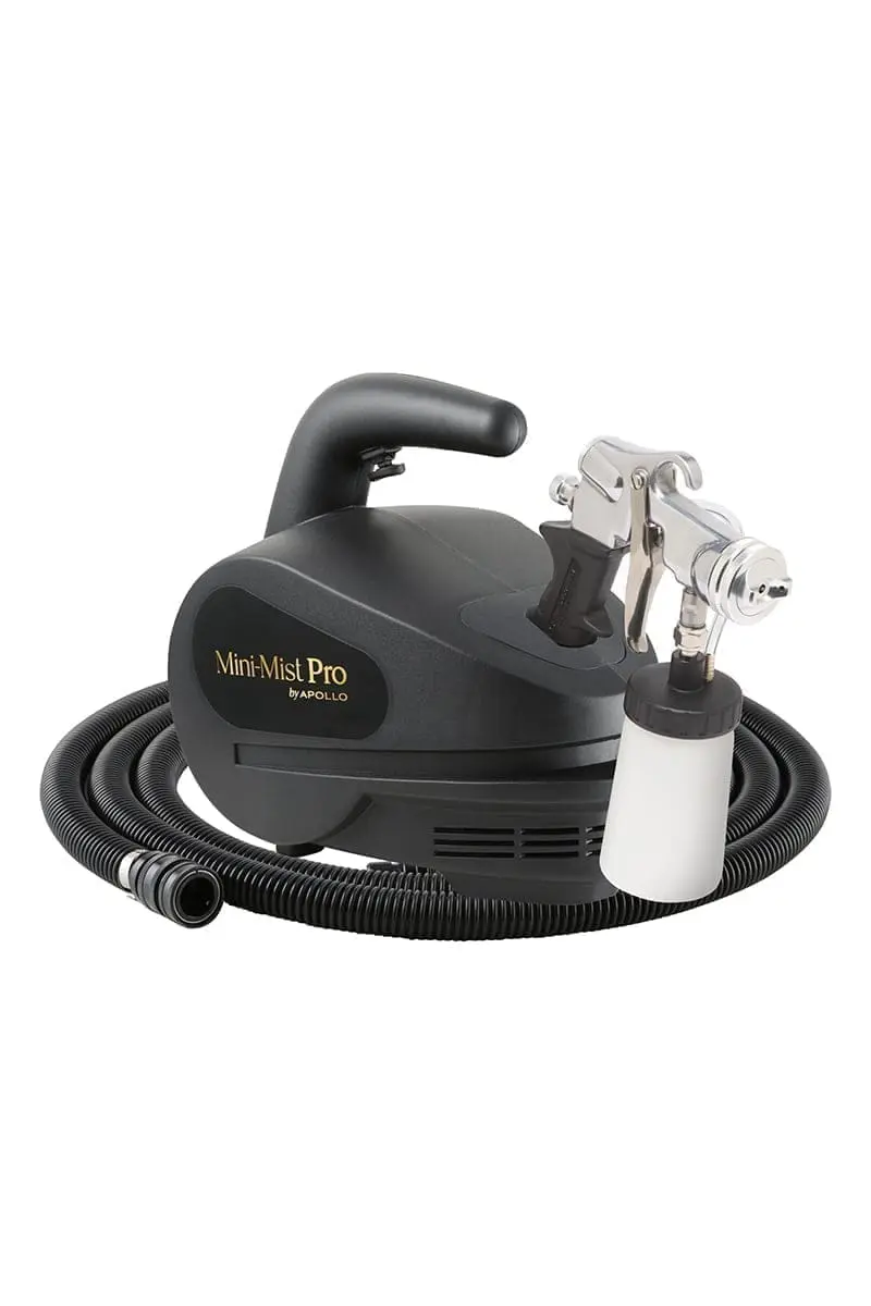 HVLP spray tan machine for pros. Apollo T100 Mini Mist Deluxe rated 25–35 tans/day, portable, fine mist spray, and a 4-year warranty.
