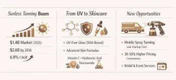 Sunless tanning market trends infographic showing market growth to $2.6 billion, DHA-based skincare formulas, and new mobile spray tan business opportunities