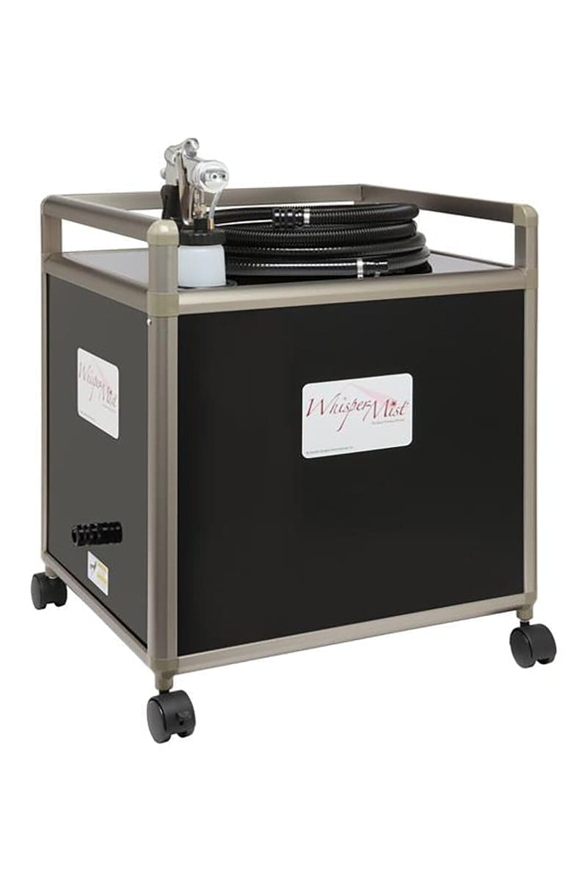 Apollo TC3 Whisper Mist – machine Apollo TC3 Whisper Mist spray tan machine in its wheeled cabinet with applicator on top