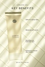 SJOLIE Shower Gel key benefits graphic with the tube on a soft gold background