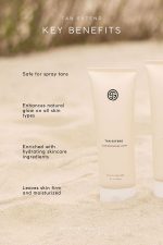 SJOLIE Tan Extend Lotion key benefits graphic with the tube on a sandy background