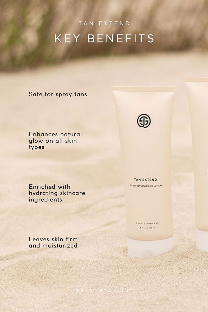 SJOLIE Tan Extend Lotion key benefits graphic with the tube on a sandy background
