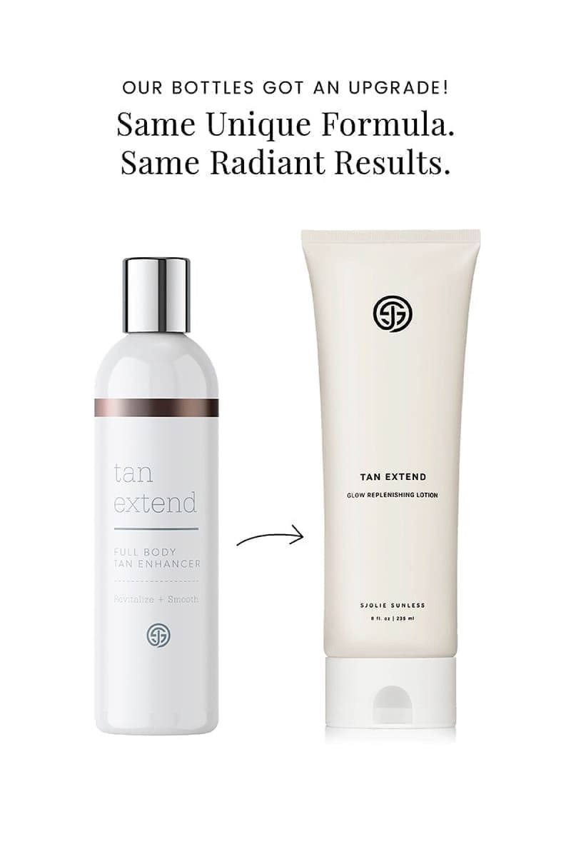 SJOLIE Tan Extend packaging upgrade: the old bottle beside the new Tan Extend Lotion tube
