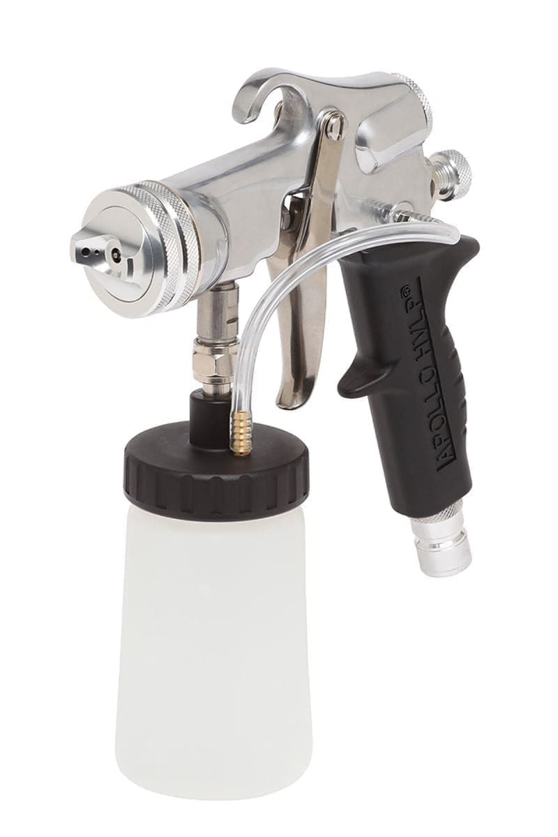 Apollo T5020 spray tan applicator gun in polished silver with a white solution cup