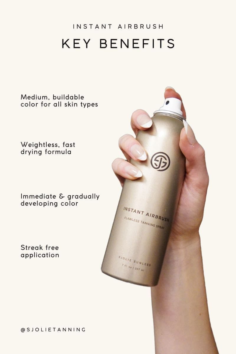 SJOLIE Instant Airbrush key benefits graphic with a hand holding the can