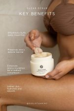 SJOLIE Sugar Scrub key benefits graphic with a hand scooping scrub from the jar