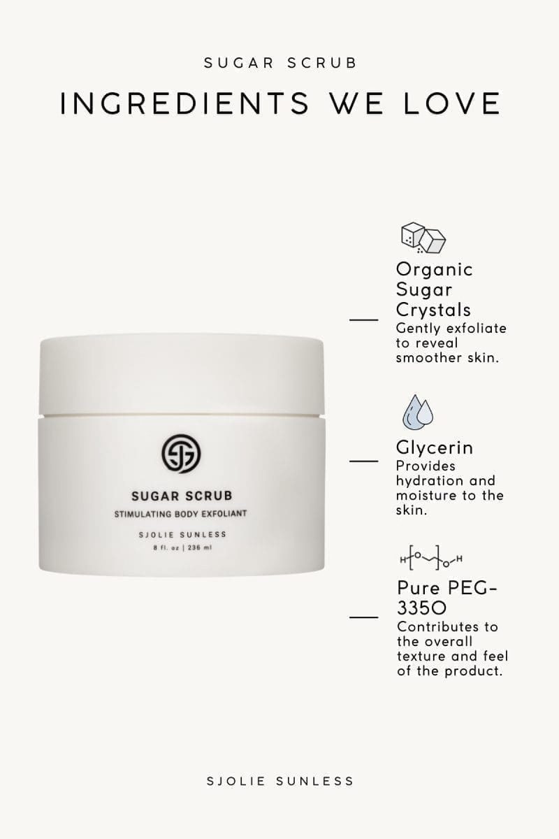 SJOLIE Sugar Scrub ingredients: organic sugar crystals, glycerin and PEG-3350