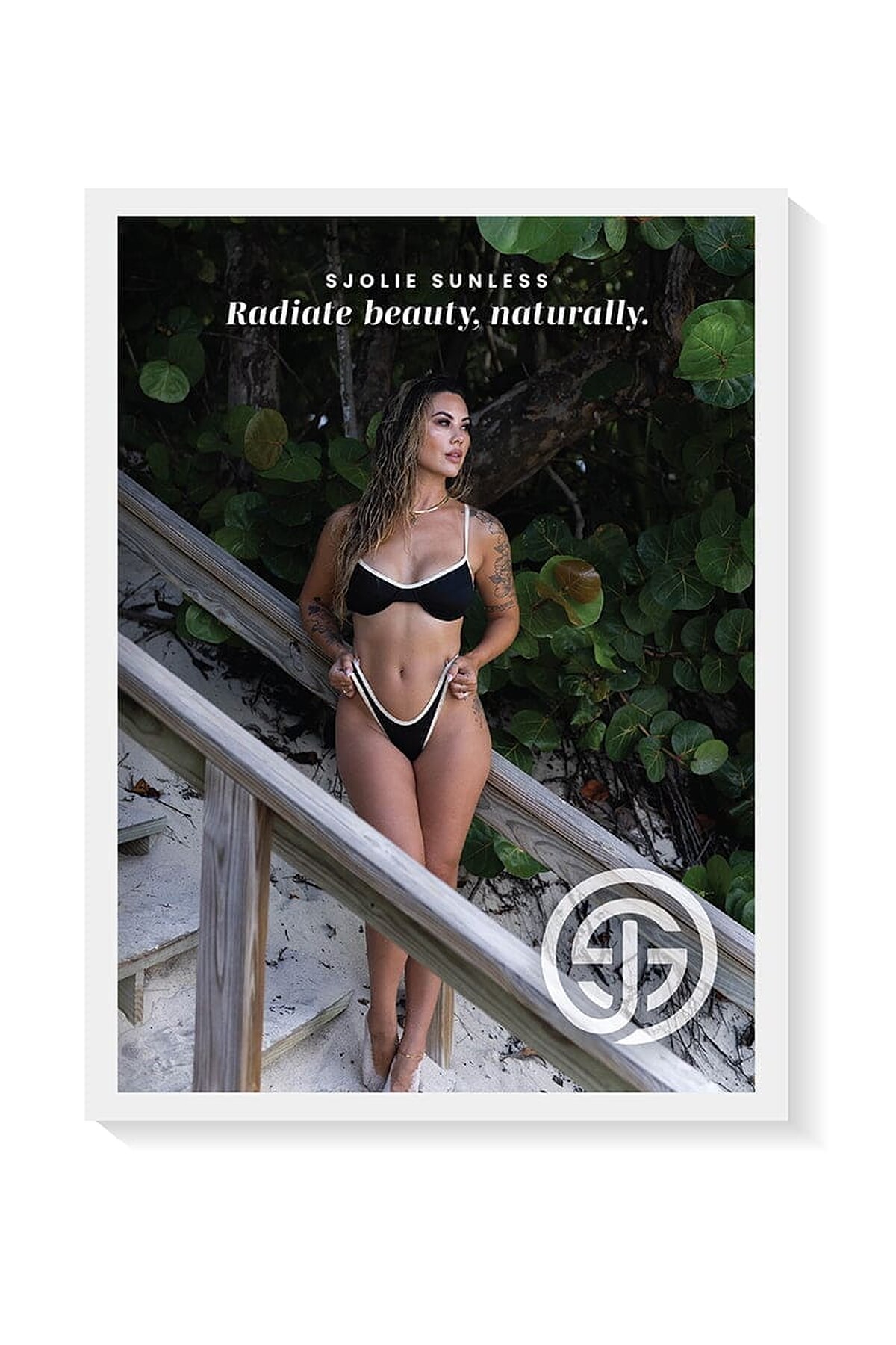 SJOLIE Radiate Beauty poster of a tanned model in a black bikini on wooden steps