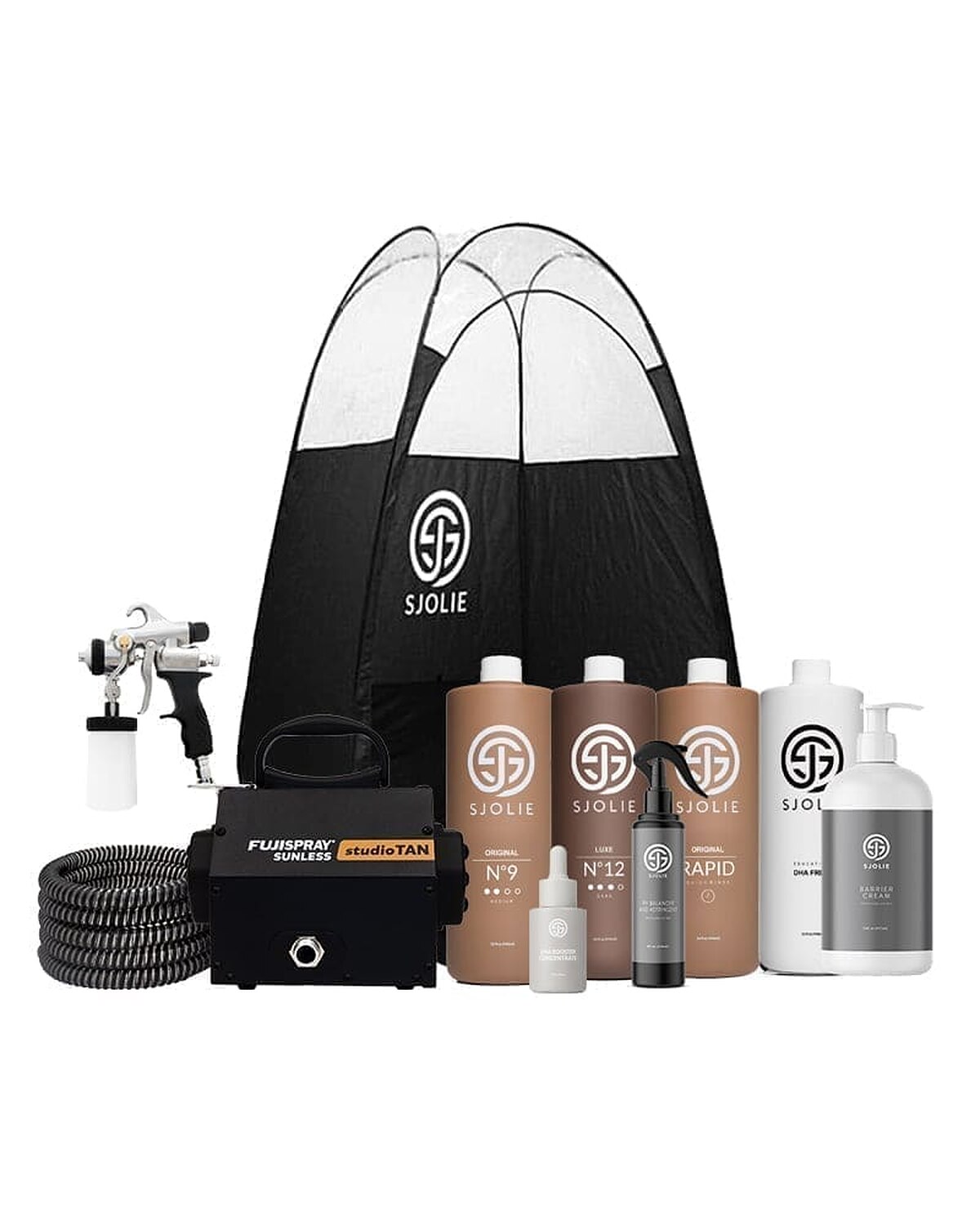 Fuji studioTAN Premier Starter Kit with spray tan machine, applicator, SJOLIE tent and solutions