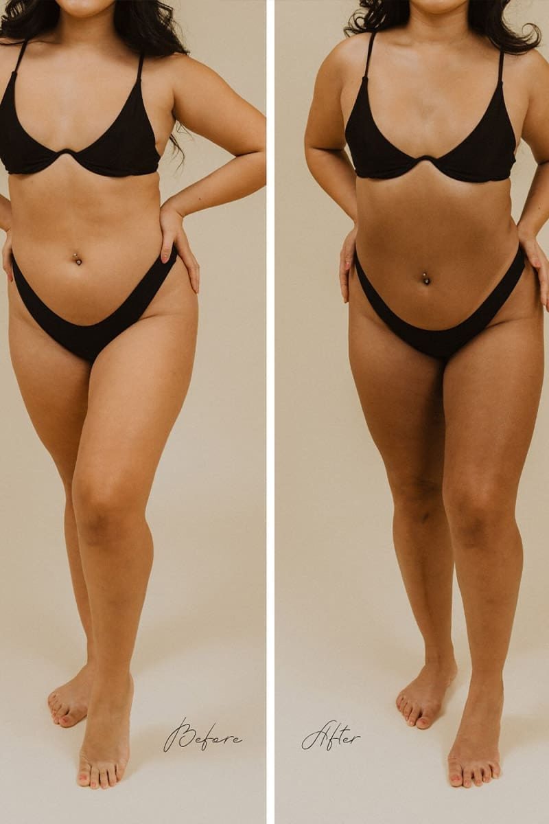 Before and after photos of a model tanned with SJOLIE Luxe N°9 Medium