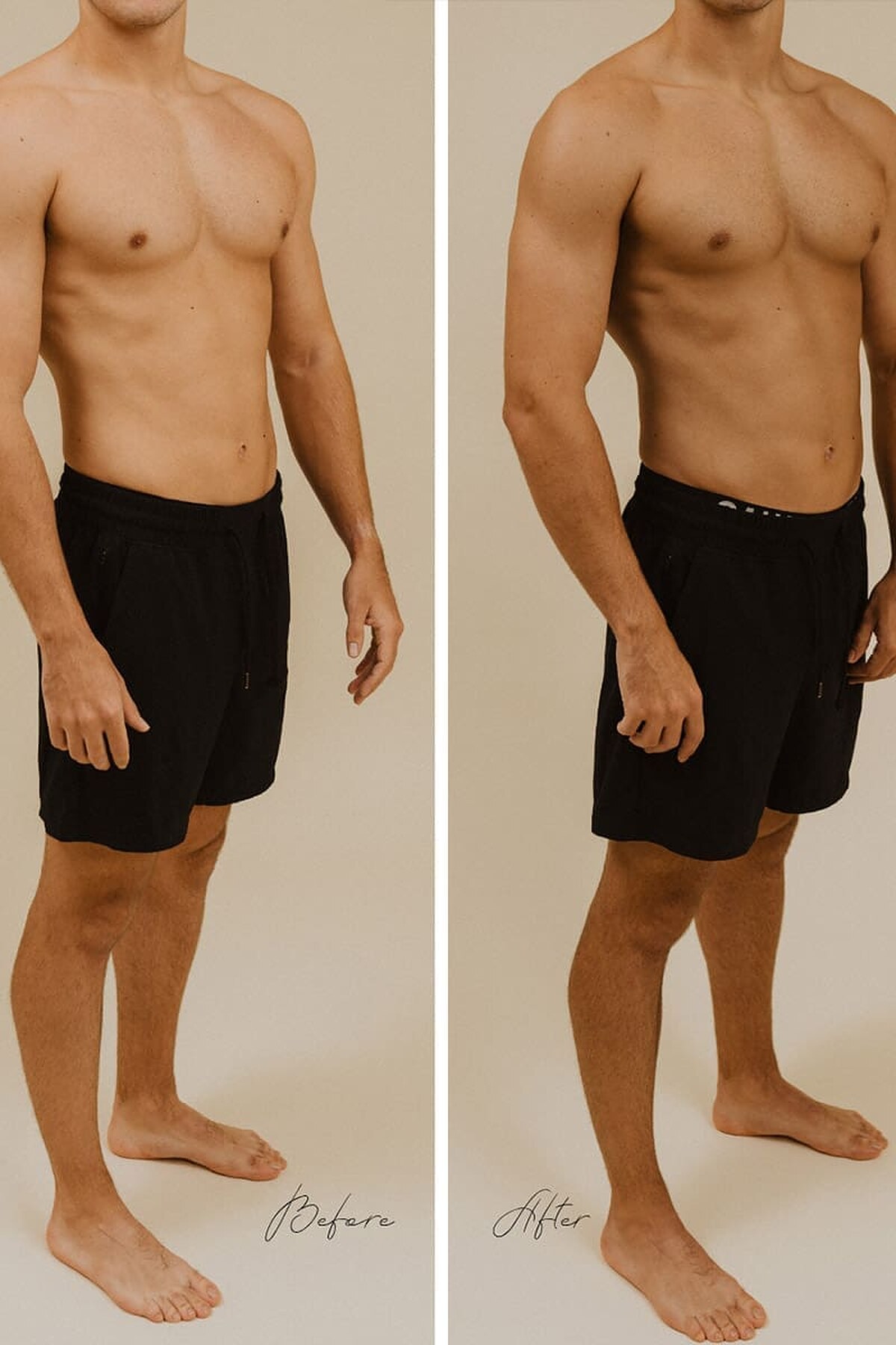 Before and after SJOLIE Luxe Rapid spray tan on a man in black shorts