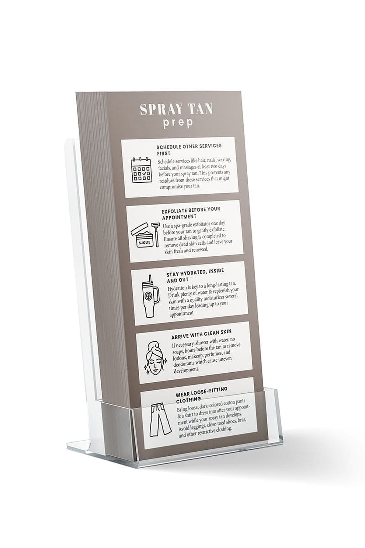 SJOLIE Spray Tan Prep rack cards in a clear acrylic display stand