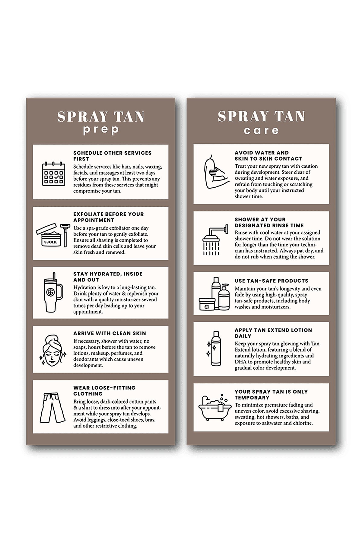 SJOLIE Spray Tan Prep and Spray Tan Care rack cards side by side