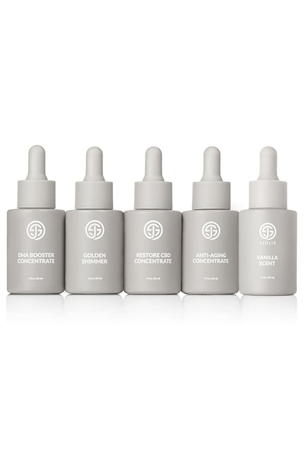 SJOLIE Additive Bundle: DHA Booster, Golden Shimmer, Restore CBD, Anti-Aging and Vanilla Scent bottles