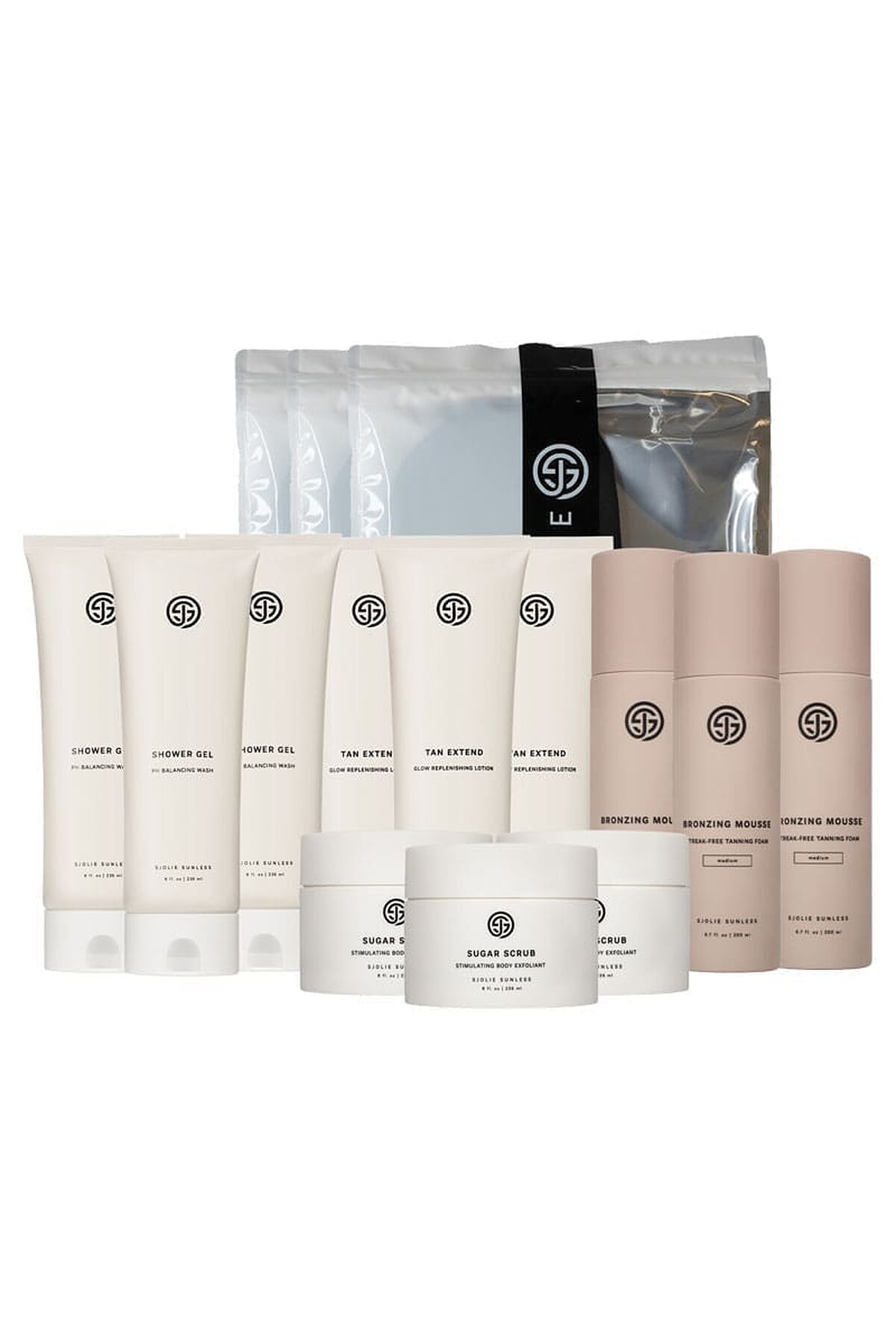 SJOLIE Retail Bundle of Shower Gel, Tan Extend, Sugar Scrub, Bronzing Mousse and sample pouches