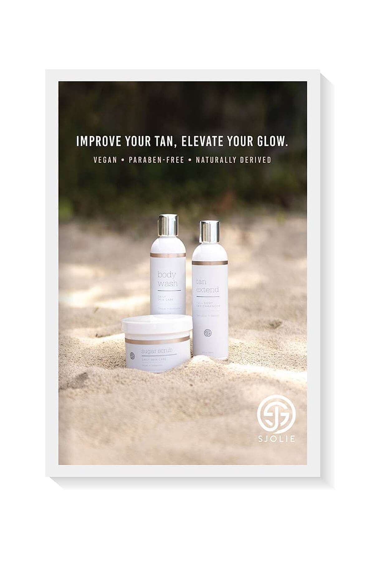 SJOLIE Improve Your Tan Poster SJOLIE Improve Your Tan poster with aftercare bottles on the sand
