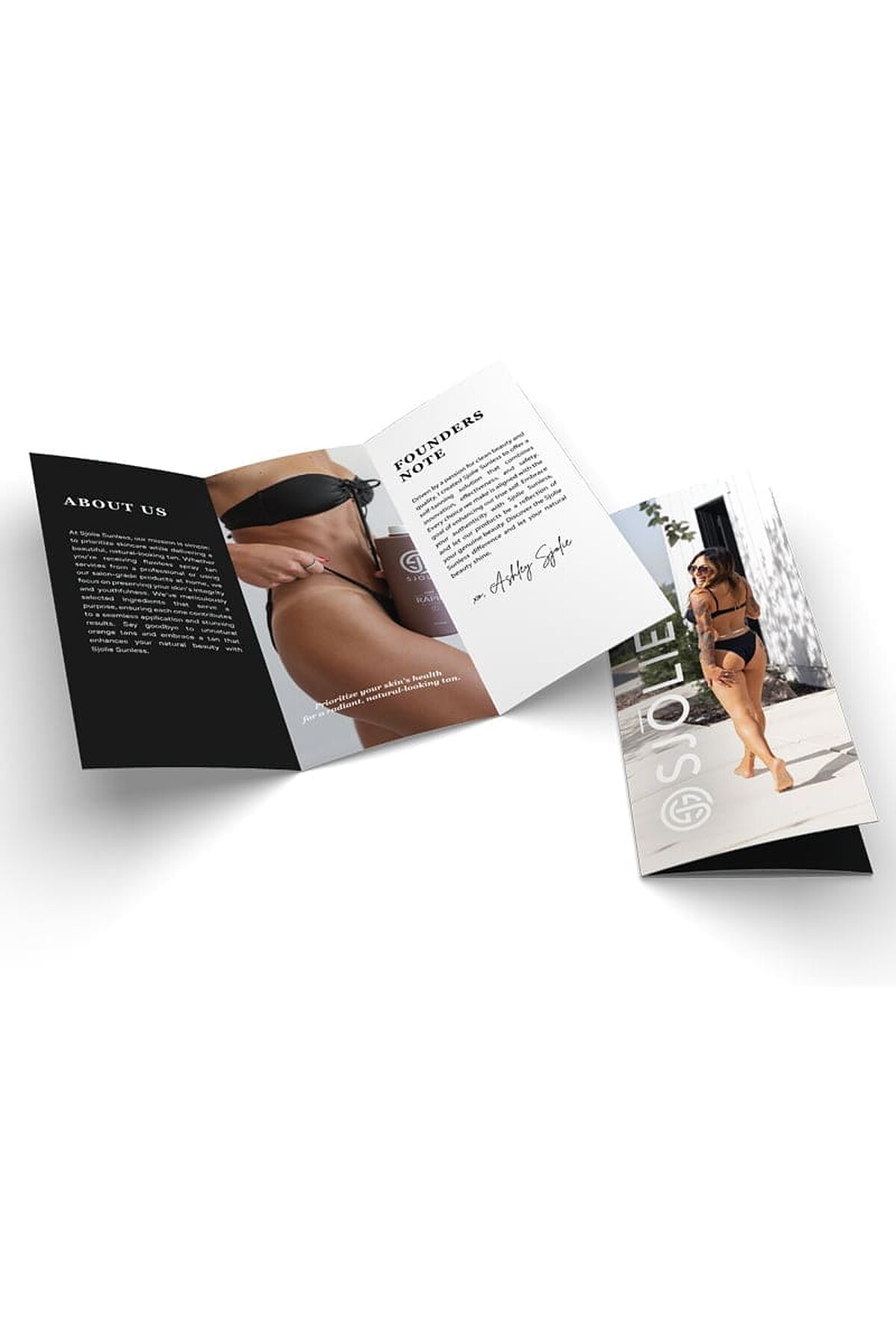 Open About SJOLIE brochure tri-fold with brand story pages