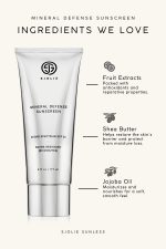 SJOLIE Mineral Defense Sunscreen ingredients graphic: fruit extracts, shea butter and jojoba oil