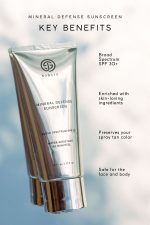 SJOLIE Mineral Defense Sunscreen key benefits graphic with the silver tube