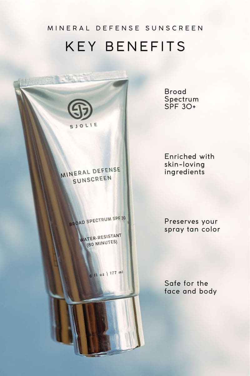 SJOLIE Mineral Defense Sunscreen key benefits graphic with the silver tube