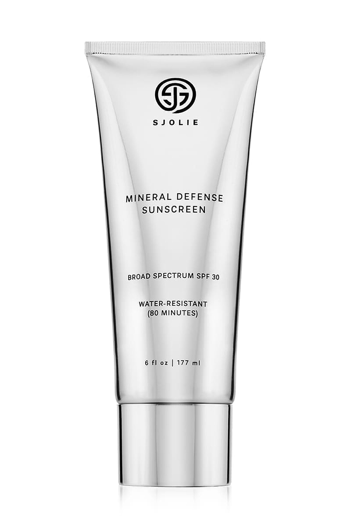 SJOLIE Mineral Defense Sunscreen SPF 30 in a 6 oz silver tube
