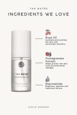 SJOLIE Tan Water ingredients graphic: rose oil, pomegranate extract and niacinamide