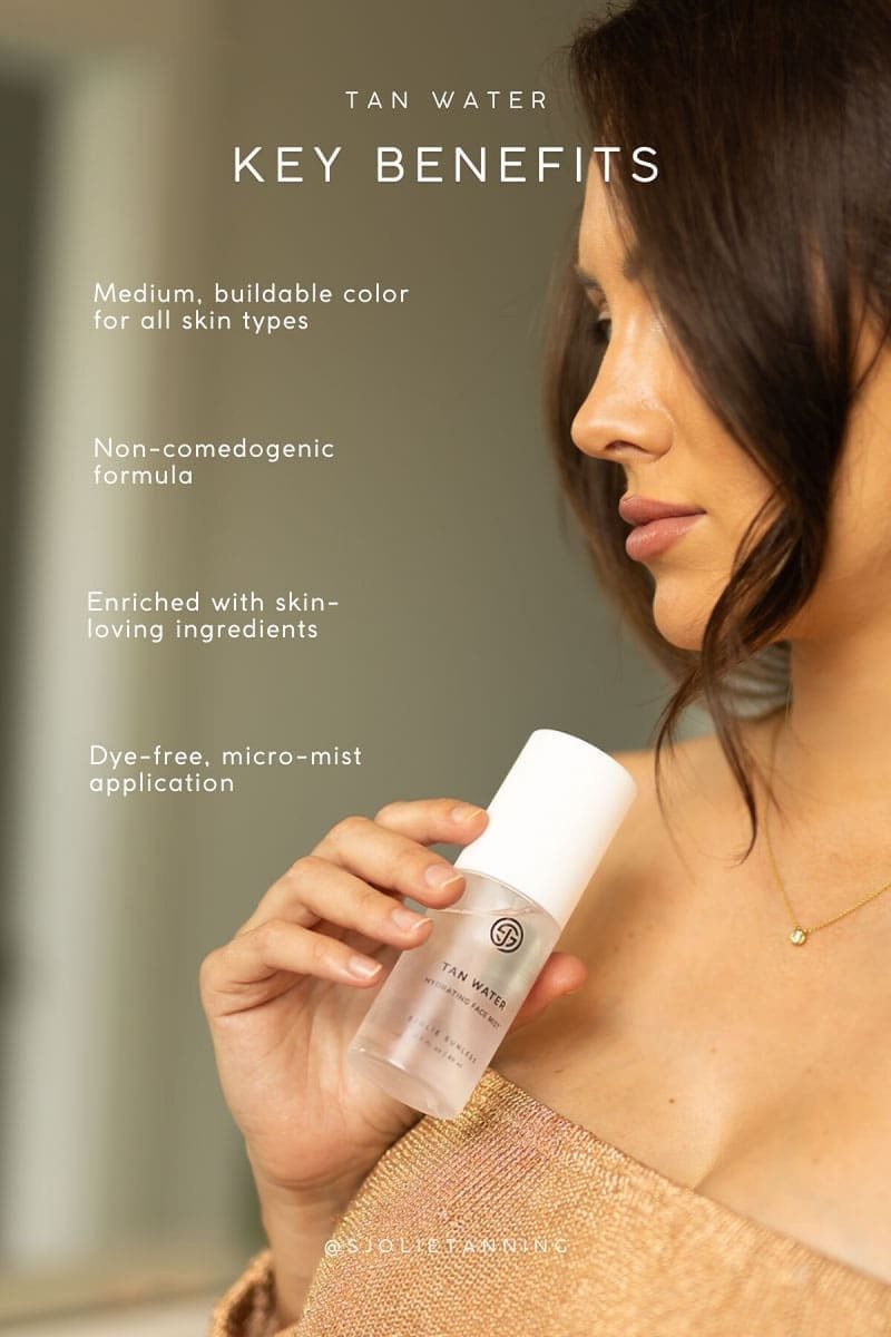 SJOLIE Tan Water key benefits graphic with a woman holding the face mist