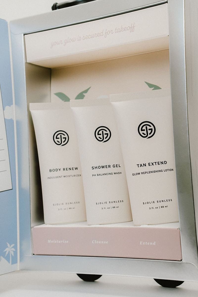 Travel-size Body Renew, Shower Gel and Tan Extend tubes inside the SJOLIE Glow on the Go Travel Set