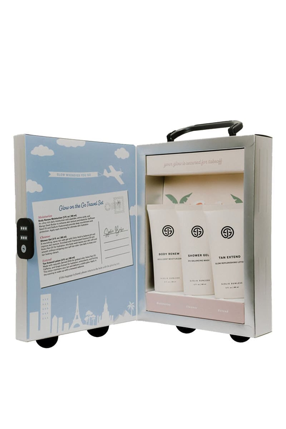SJOLIE Glow on the Go Travel Set opened like a suitcase, with travel-size Body Renew, Shower Gel and Tan Extend