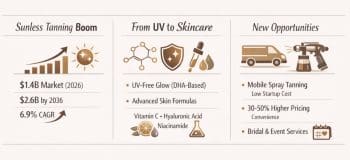 Sunless tanning market trends infographic showing market growth to $2.6 billion, DHA-based skincare formulas, and new mobile spray tan business opportunities