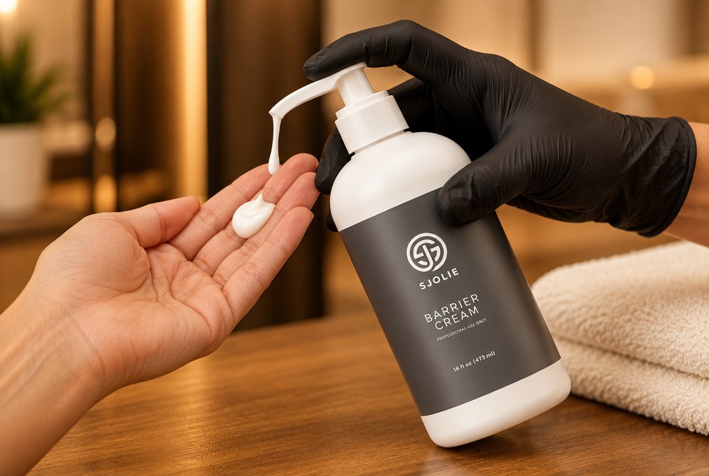 Spray tan artist pumping SJOLIE Barrier Cream into a client's palm before spraying