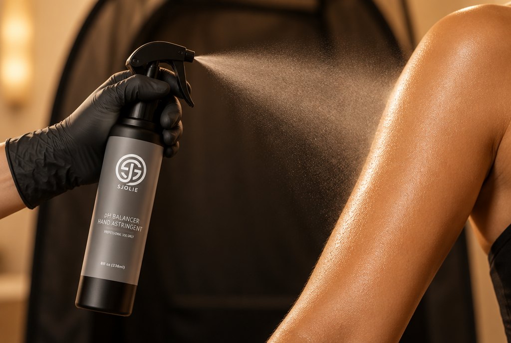Spray tan artist misting SJOLIE pH Balancer Prep Spray onto a client before the tan