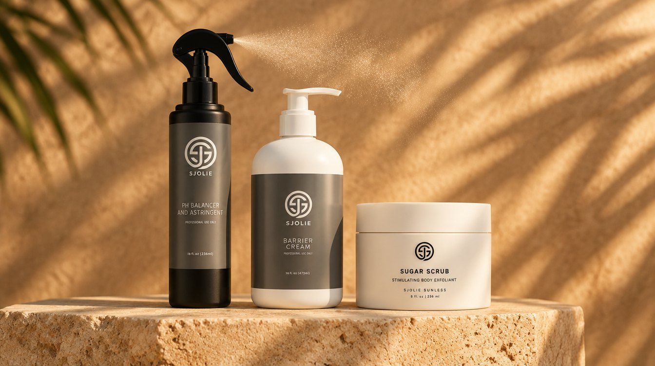 SJOLIE pH Balancer Prep Spray, Barrier Cream and Sugar Scrub on a stone plinth
