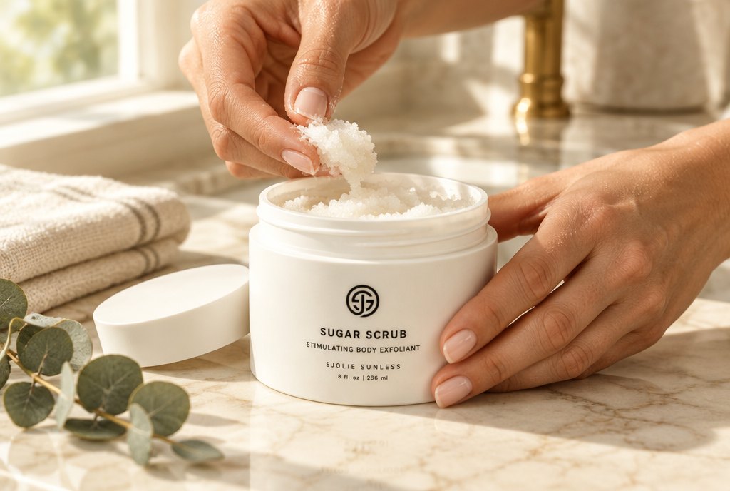 Scooping SJOLIE Sugar Scrub to exfoliate the day before a spray tan