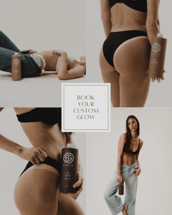 Sjolie Original N°12 Dark, Original Rapid, Luxe N°9 — Four-photo collage with Original N12, Original Rapid, Luxe N9 book-your-custom-glow ad for spray tan professionals