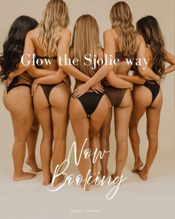 Sjolie Five models from behind glow-the-sjolie-way now-booking ad for spray tan professionals