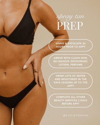 Sjolie Spray tan prep checklist pill callouts over model hip for spray tan professionals