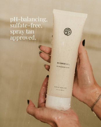 Sjolie Shower Gel — Shower Gel held in-shower pH-balancing spray-tan-approved ad for spray tan professionals